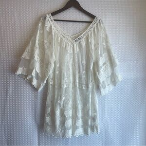 LULUS White Lace Boho Sheer Bell Sleeve Mini Dress Coverup Floral Size S/M #688